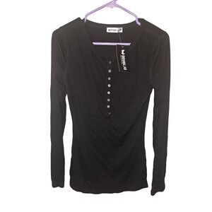Doublju Women Black Long Sleeve Ribbed Henley Shirt Top Size Medium
